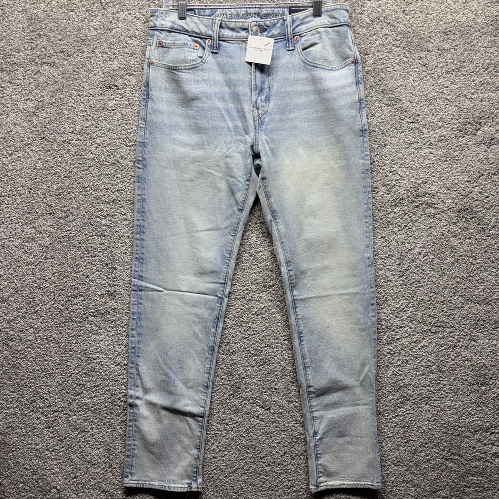 American Eagle Jeans Men 32x34 Blue Slim Straight Stretch Light Faded Denim NWT